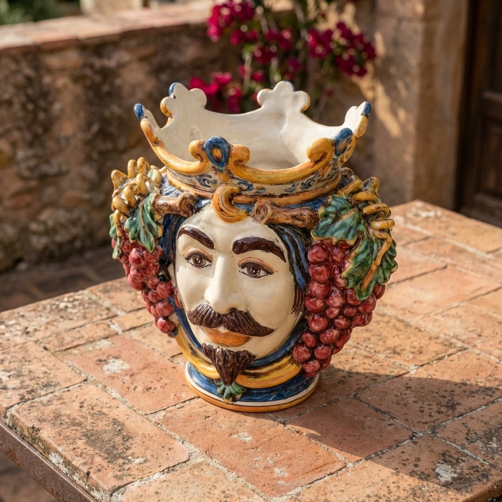 Testa di Moro with grapes, white male, blue and orange. Sicilian ceramics from Caltagirone, Sofia