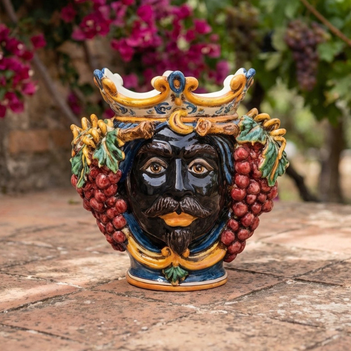 Testa di Moro with Grapes, Moor Male, Blue and Orange. Ceramiche Sofia, Caltagirone
