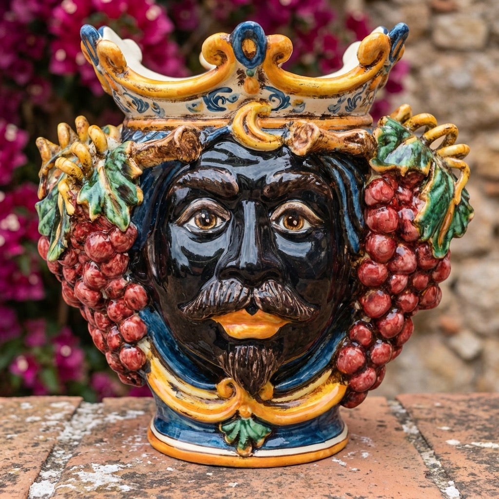 Testa di Moro with Grapes, Moor Male, Blue and Orange. Ceramiche Sofia, Caltagirone