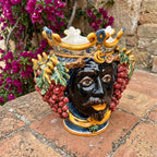 Testa di Moro with Grapes, Moor Male, Blue and Orange. Ceramiche Sofia, Caltagirone