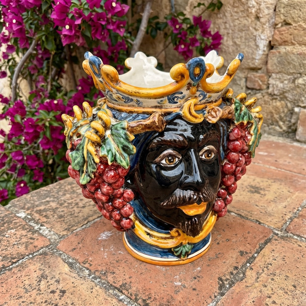 Testa di Moro with Grapes, Moor Male, Blue and Orange. Ceramiche Sofia, Caltagirone