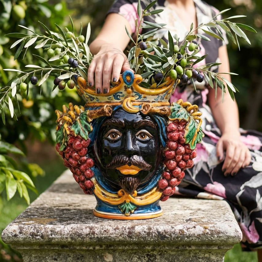 Testa di Moro with Grapes, Moor Male, Blue and Orange. Ceramiche Sofia, Caltagirone