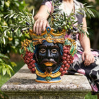 Testa di Moro with Grapes, Moor Male, Blue and Orange. Ceramiche Sofia, Caltagirone