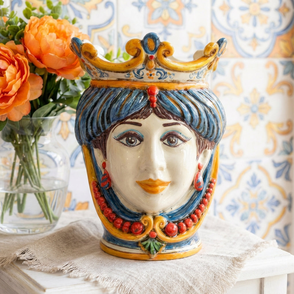 Testa di Moro with Beads, Woman, Decoro Sicily. Sicilian ceramics from Caltagirone, Sofia