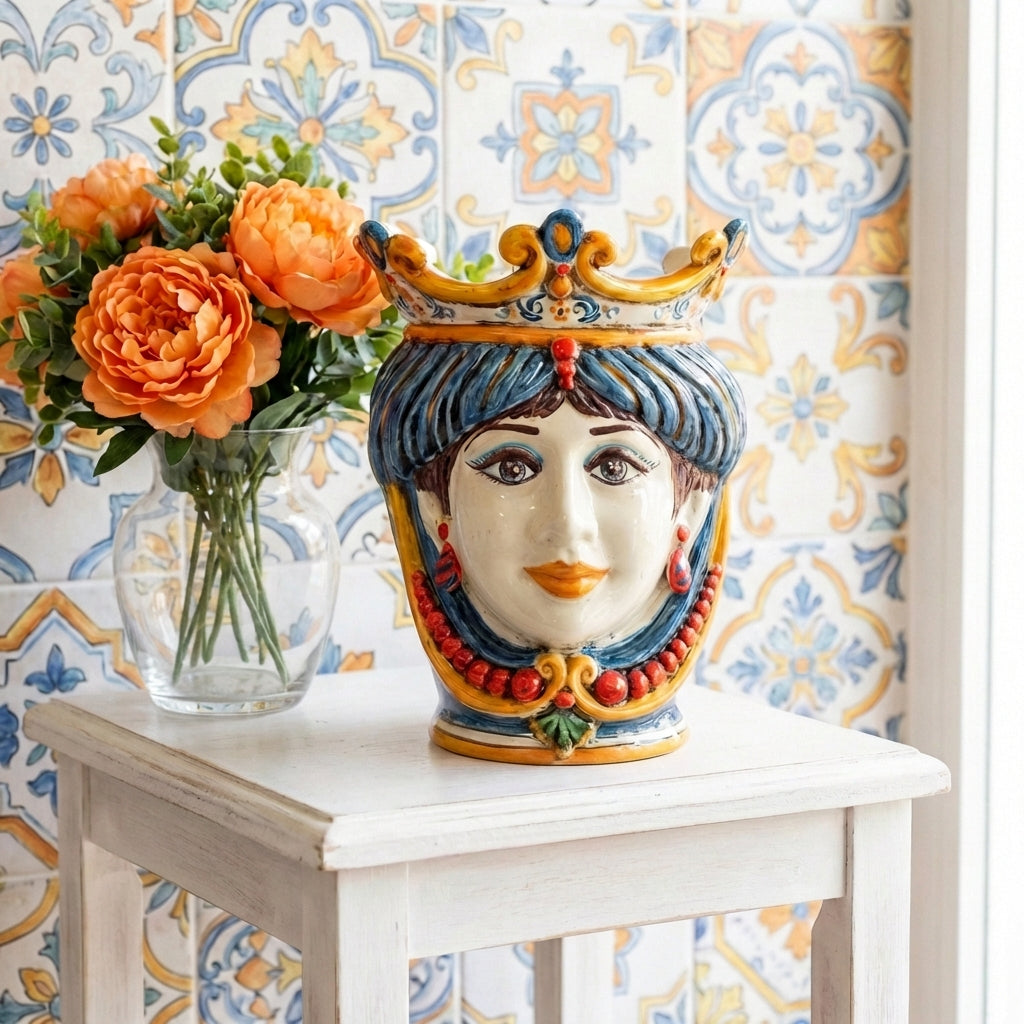 Testa di Moro with Beads, Woman, Decoro Sicily. Sicilian ceramics from Caltagirone, Sofia