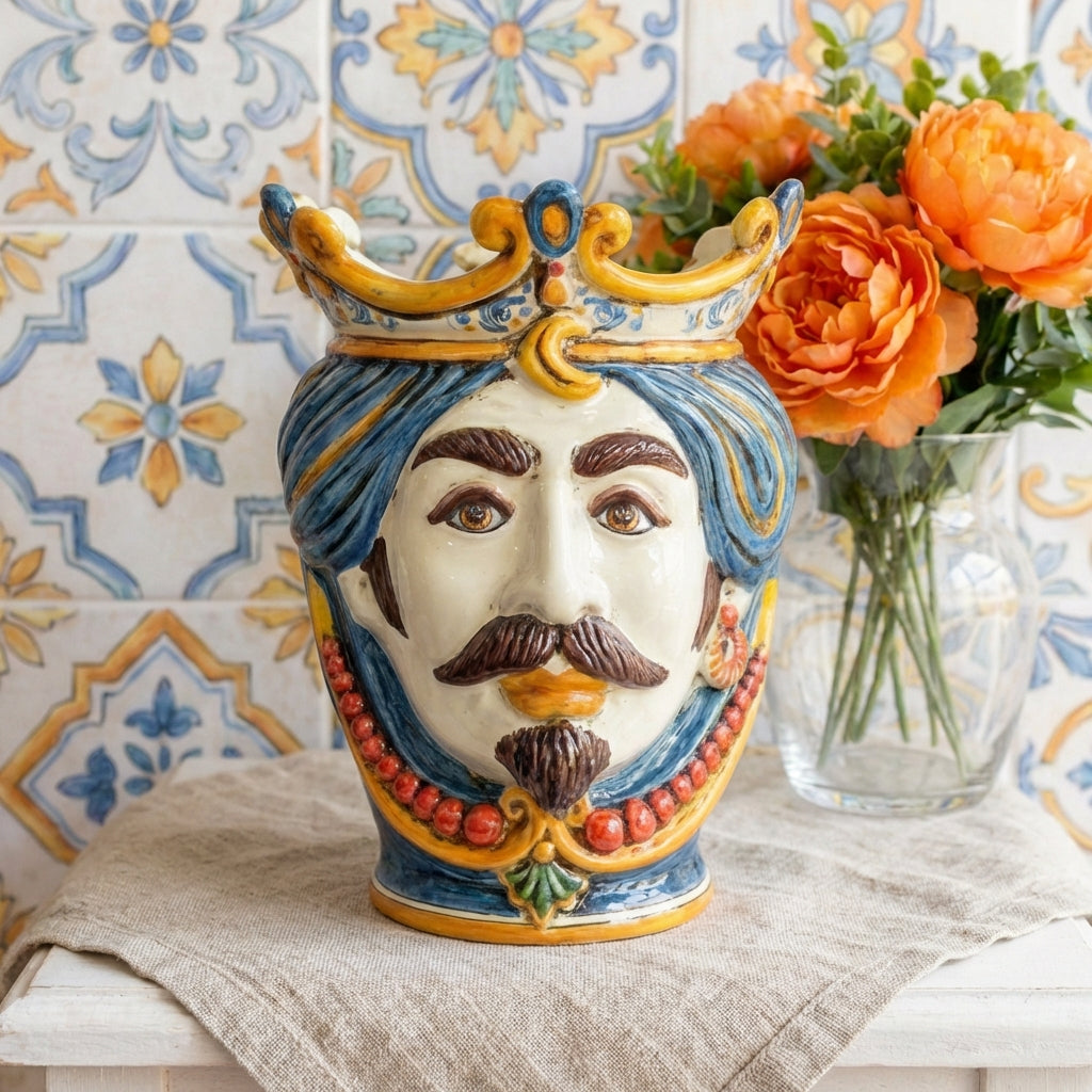Testa di Moro with Beads, White Male, Decoro Sicily. Sicilian ceramics from Caltagirone, Sofia