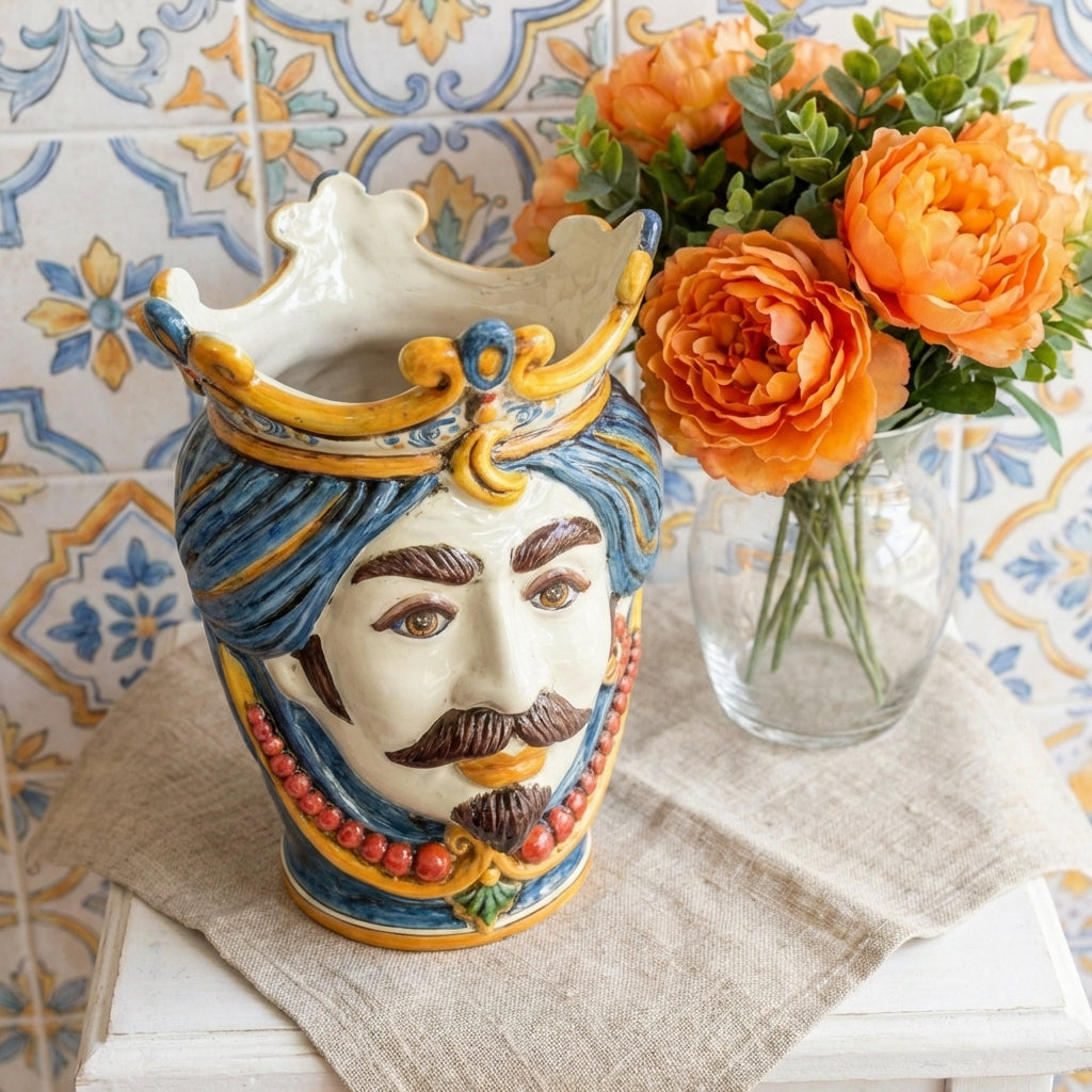 Testa di Moro with Beads, White Male, Decoro Sicily. Sicilian ceramics from Caltagirone, Sofia