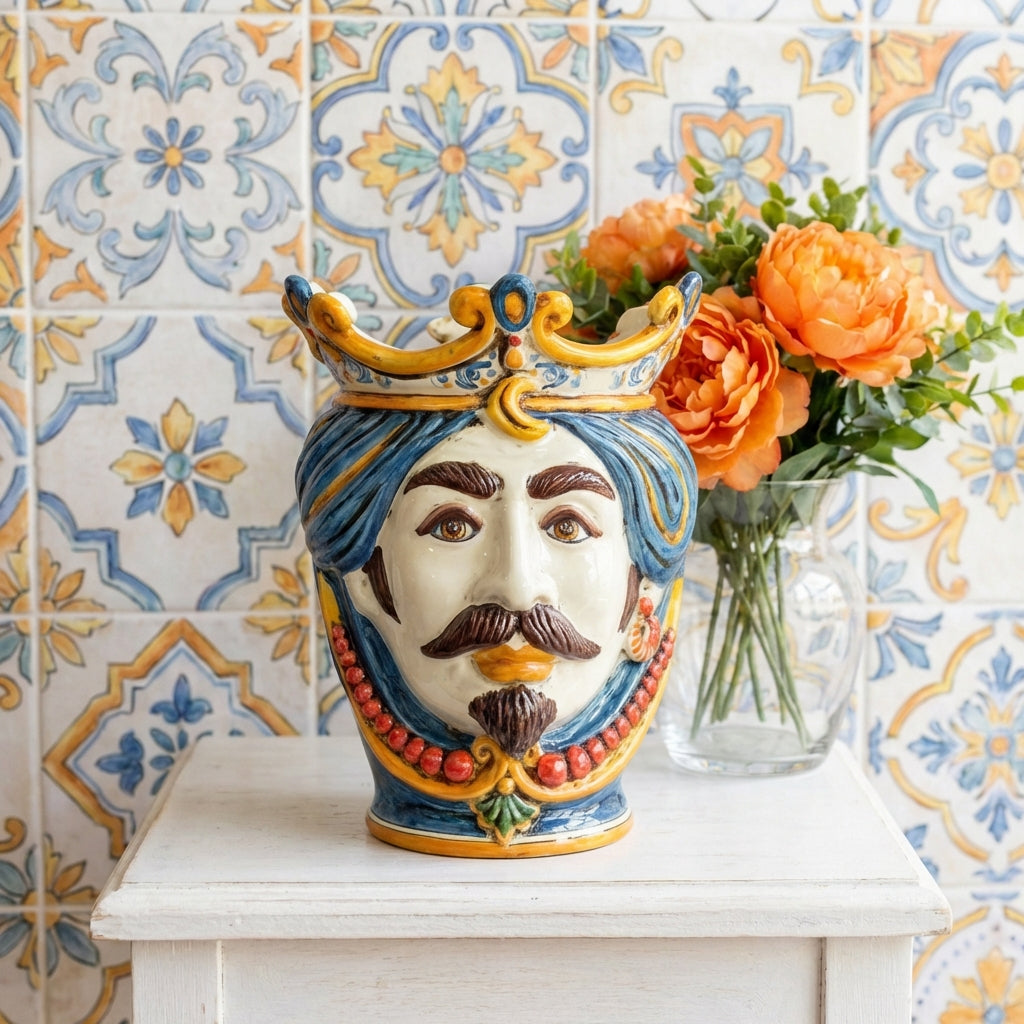 Testa di Moro with Beads, White Male, Decoro Sicily. Sicilian ceramics from Caltagirone, Sofia