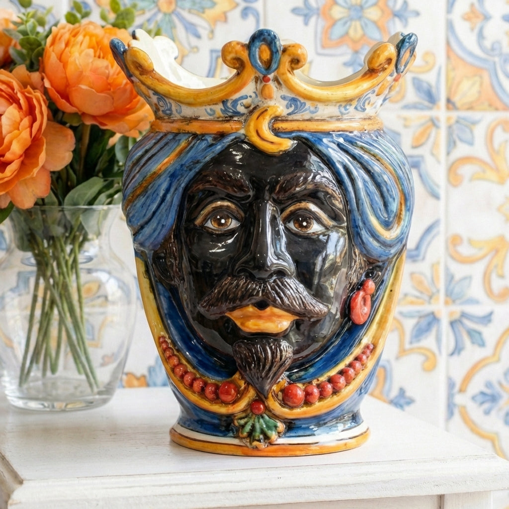 Testa di Moro with beads, Moor male, Decoro Sicily. Ceramiche Sofia, Caltagirone
