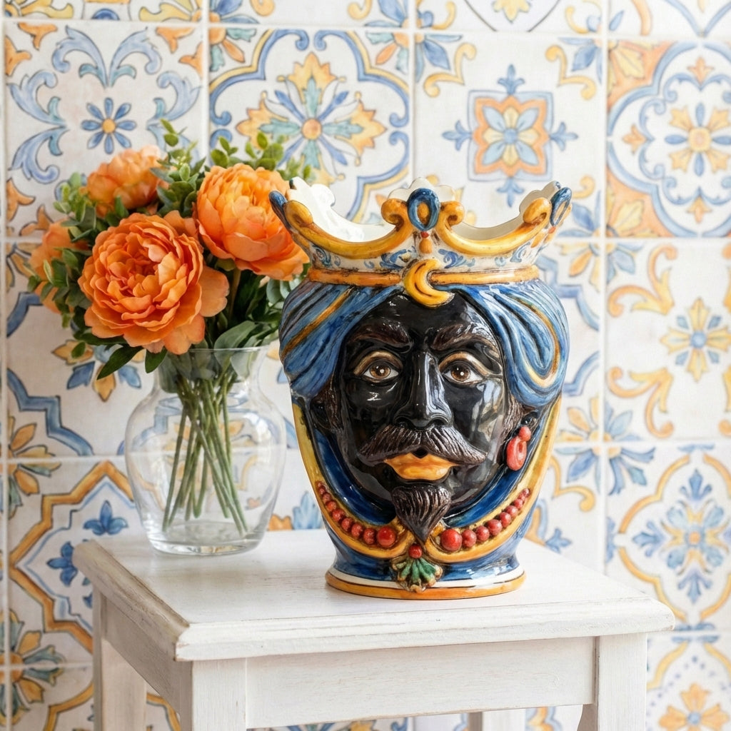 Testa di Moro with beads, Moor male, Decoro Sicily. Ceramiche Sofia, Caltagirone