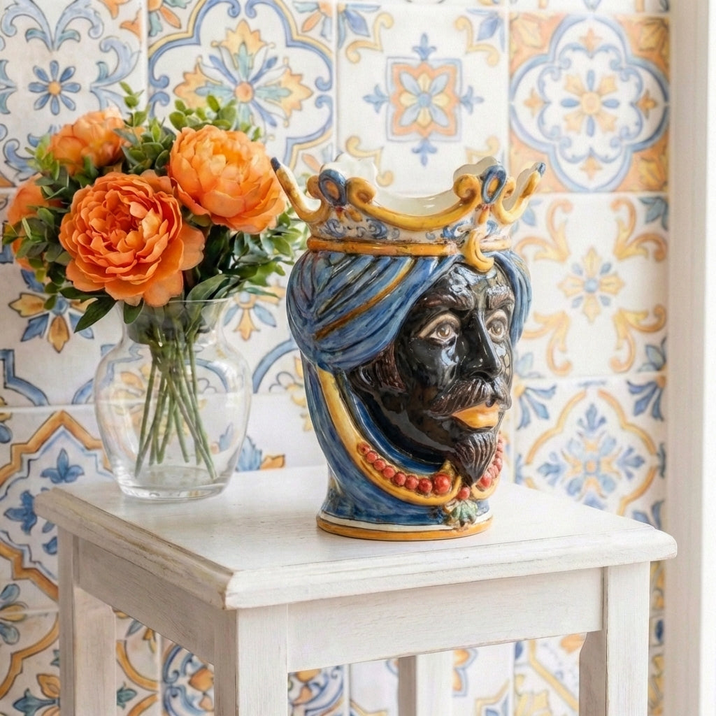 Testa di Moro with beads, Moor male, Decoro Sicily. Ceramiche Sofia, Caltagirone