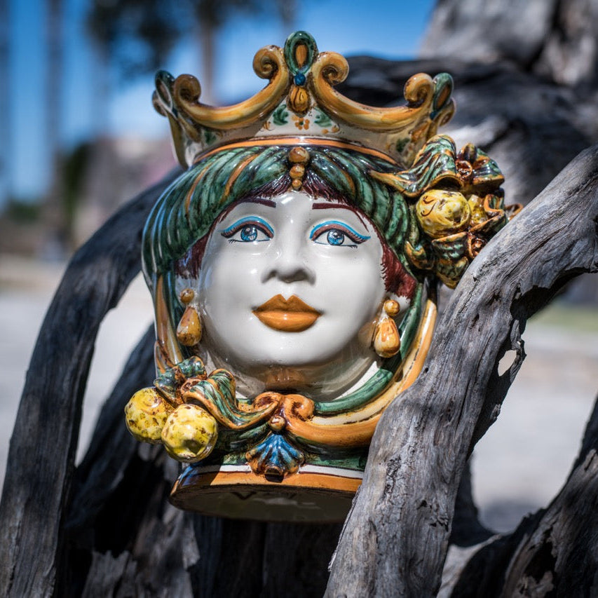 Testa di Moro with Lemons, Woman, green and orange, crown. Ceramiche Sofia, Caltagirone