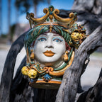 Testa di Moro with Lemons, Woman, green and orange, crown. Ceramiche Sofia, Caltagirone
