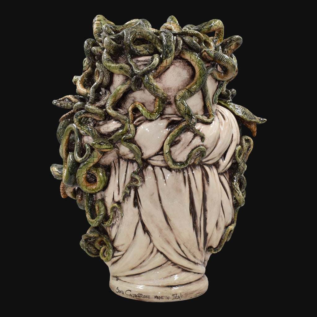 Testa Medusa, Madreperla Antichizzato, chioma di serpenti, mito greco. Ceramica siciliana di Caltagirone, Sofia