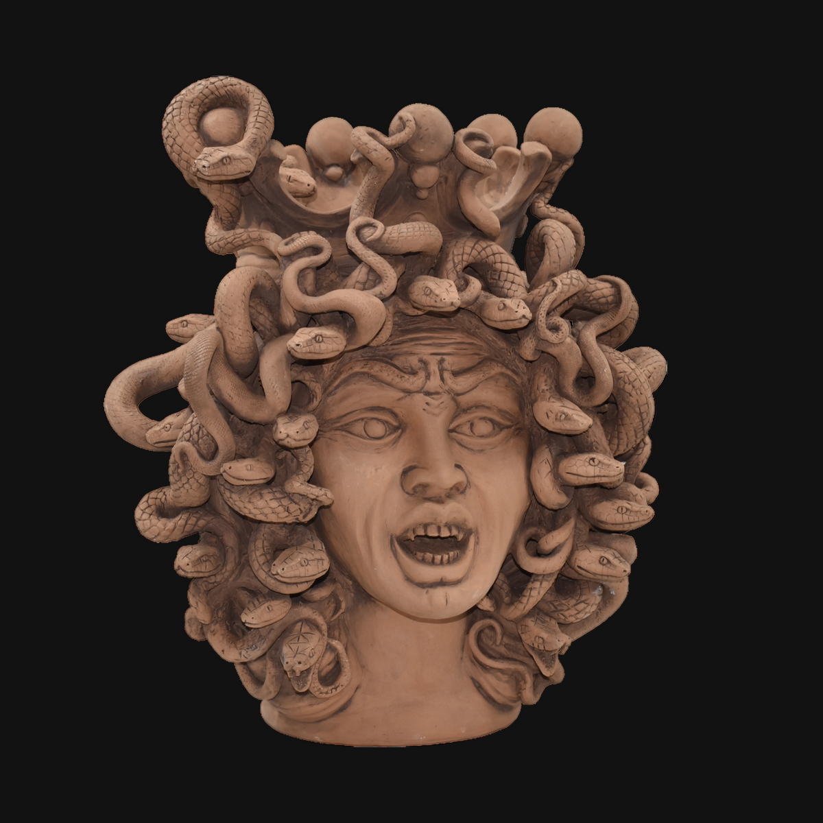 38 cm Medusa head in antiqued terracotta, front view on black
