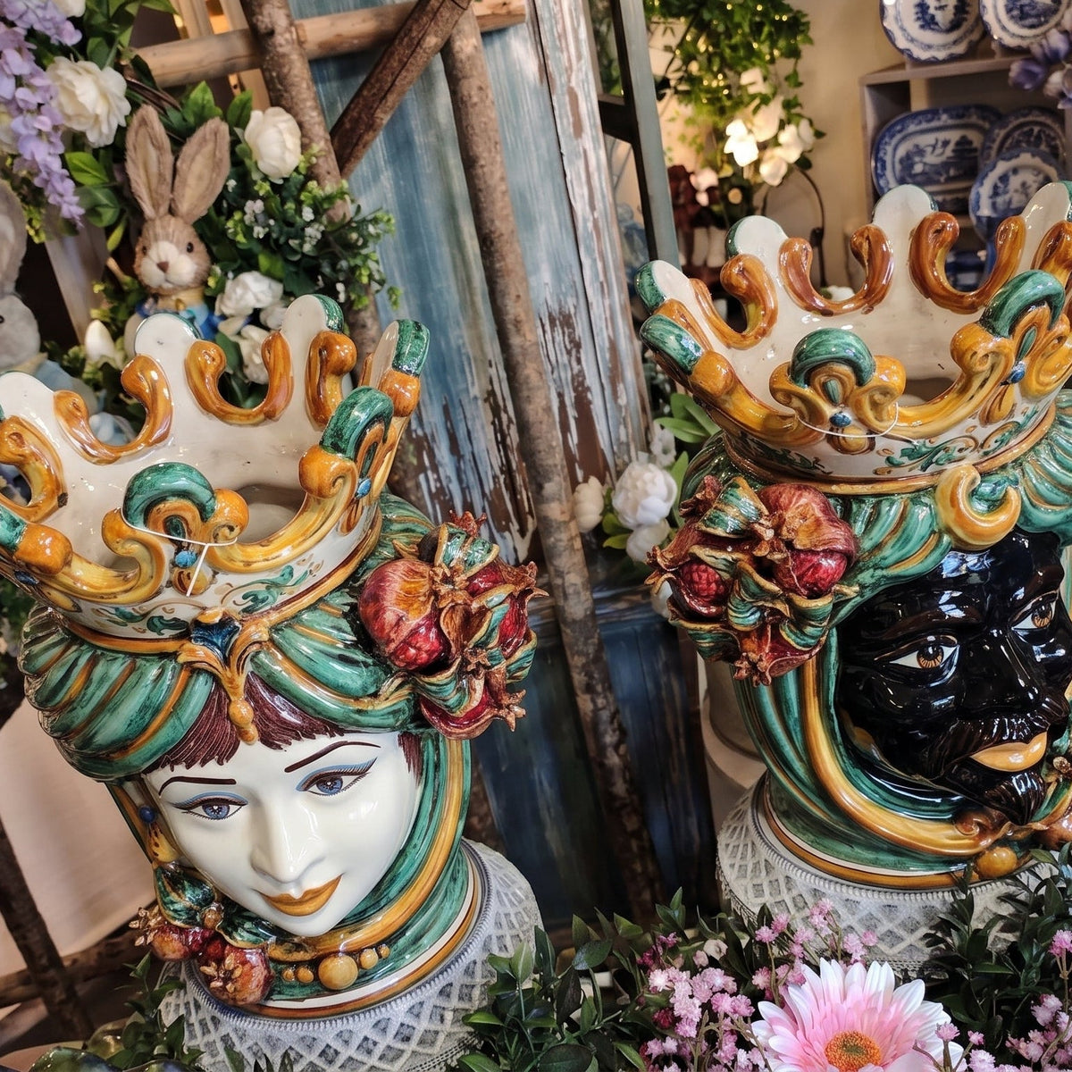 Testa di Moro with Pomegranates, Moor Male, Green and Orange. Ceramiche Sofia, Caltagirone