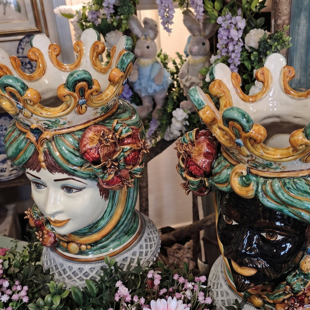Testa di Moro with Pomegranates, Moor Male, Green and Orange. Ceramiche Sofia, Caltagirone