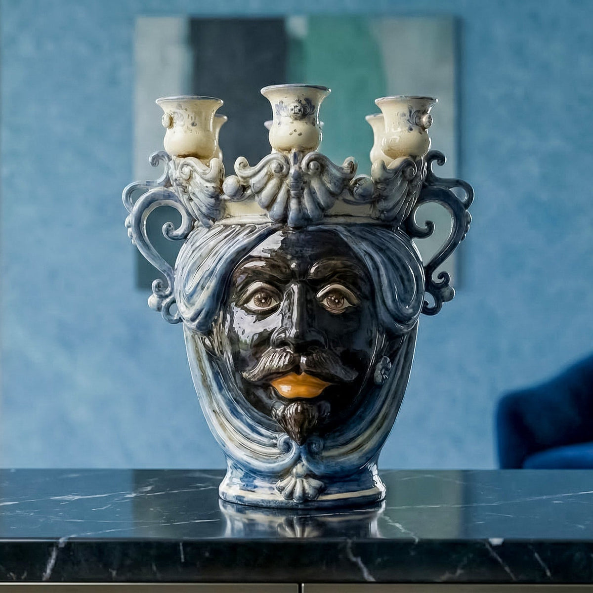 Testa di Moro Candeliere, Moor male, Mono Blue. Sicilian ceramics from Caltagirone, Sofia