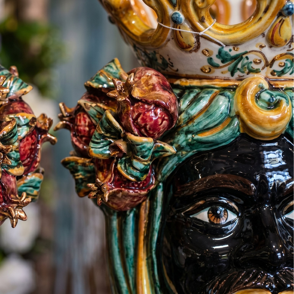 Testa di Moro with Pomegranates, Moor Male, Green and Orange. Ceramiche Sofia, Caltagirone
