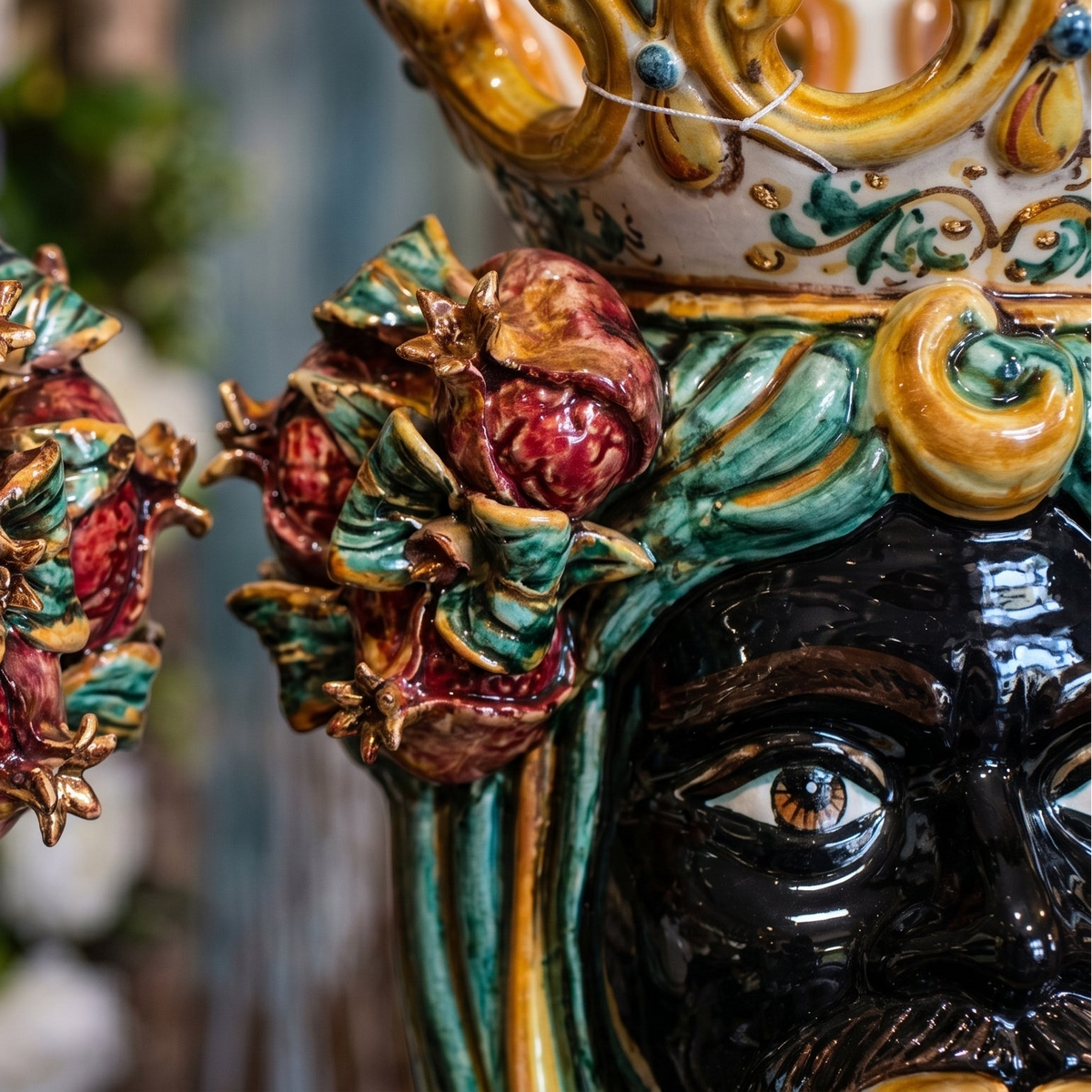 Testa di Moro with Pomegranates, Moor Male, Green and Orange. Ceramiche Sofia, Caltagirone