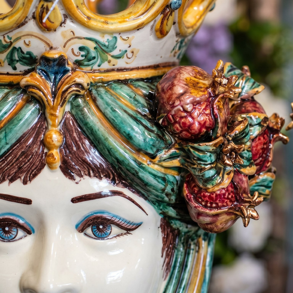 Testa di Moro with Pomegranates, Woman, green and orange. Ceramiche Sofia, Caltagirone