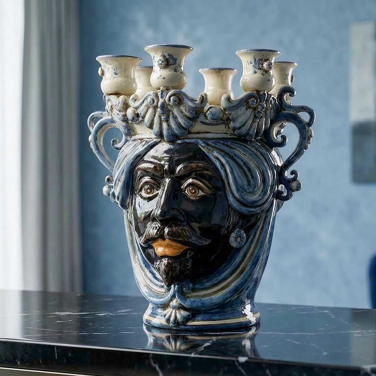 Testa di Moro Candeliere, Moor male, Mono Blue. Sicilian ceramics from Caltagirone, Sofia