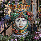 Testa di Moro with Pomegranates, Woman, green and orange. Ceramiche Sofia, Caltagirone