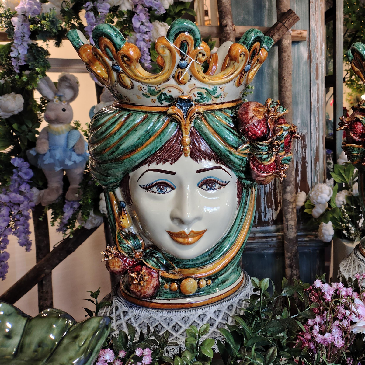 Testa di Moro with Pomegranates, Woman, green and orange. Ceramiche Sofia, Caltagirone