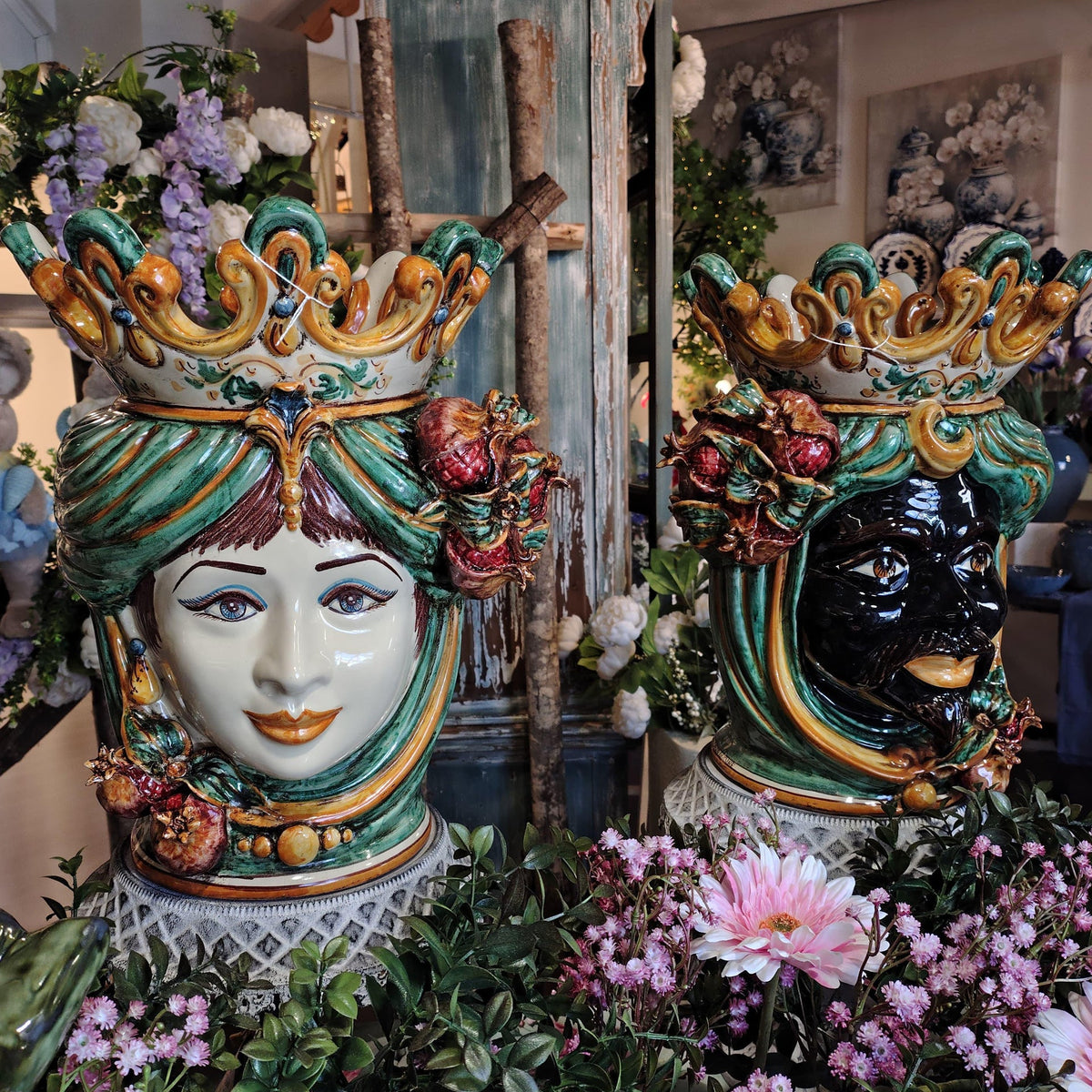 Testa di Moro with Pomegranates, Moor Male, Green and Orange. Ceramiche Sofia, Caltagirone