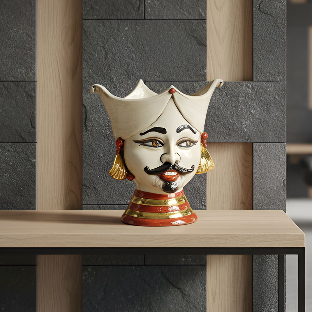 Testa di Moro Aisha, Mann, antikes Perlmutt, Gold und Lüster, Gesicht, Feingold. Ceramiche Sofia, Caltagirone