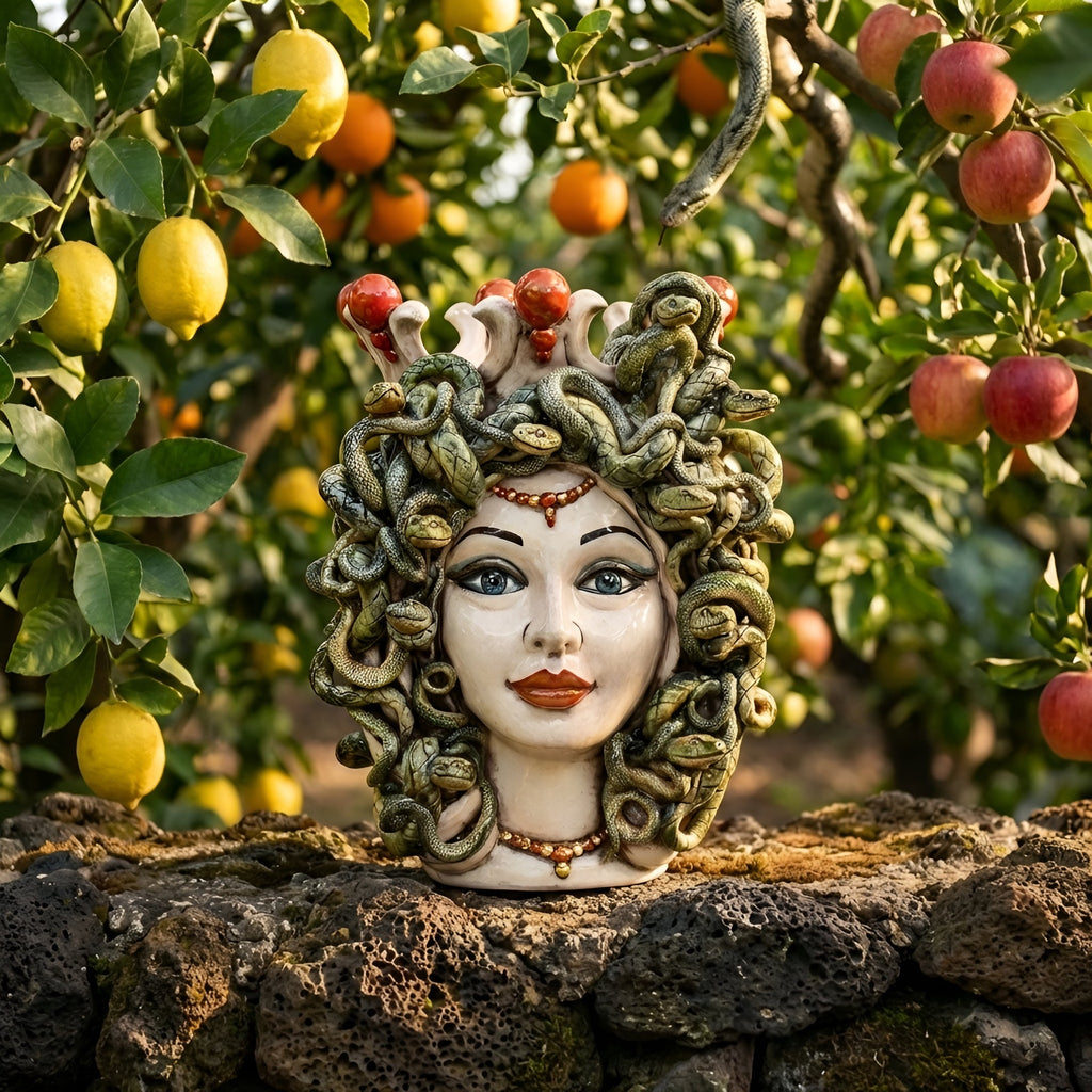 Medusa-Kopf, Perlmutt, Schlangenhaar. Ceramiche Sofia, Caltagirone