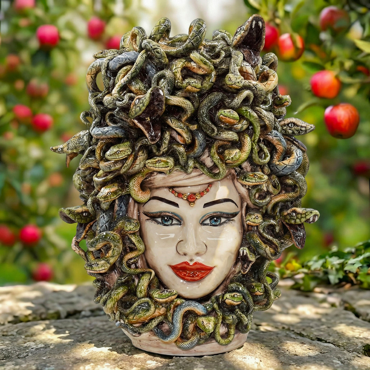 Kopf Medusa, antikes Perlmutt, Schlangenhaar, griechischer Mythos. Sizilianische Keramik aus Caltagirone, Sofia