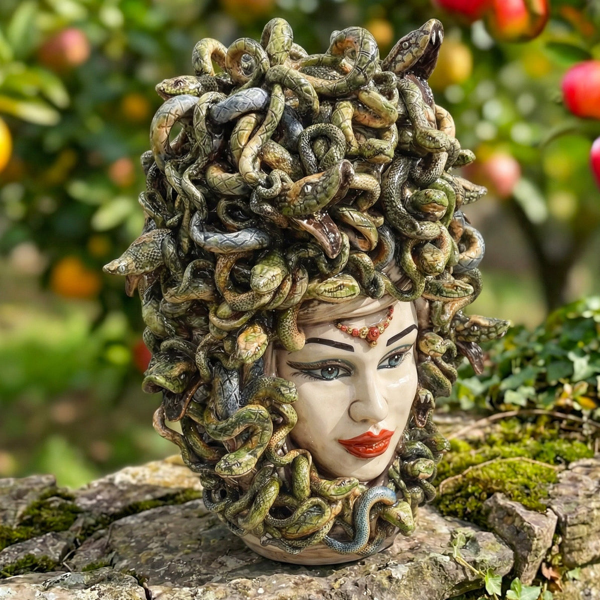 Kopf Medusa, antikes Perlmutt, Schlangenhaar, griechischer Mythos. Sizilianische Keramik aus Caltagirone, Sofia