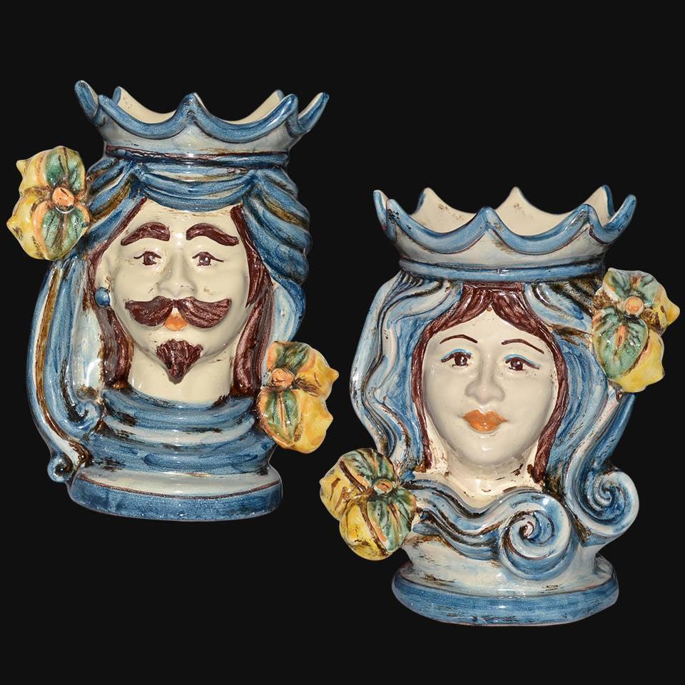 Testa di Moro, weißer Mann, Mono Blau, Mann und Frau mit Blumen. Ceramiche Sofia, Caltagirone