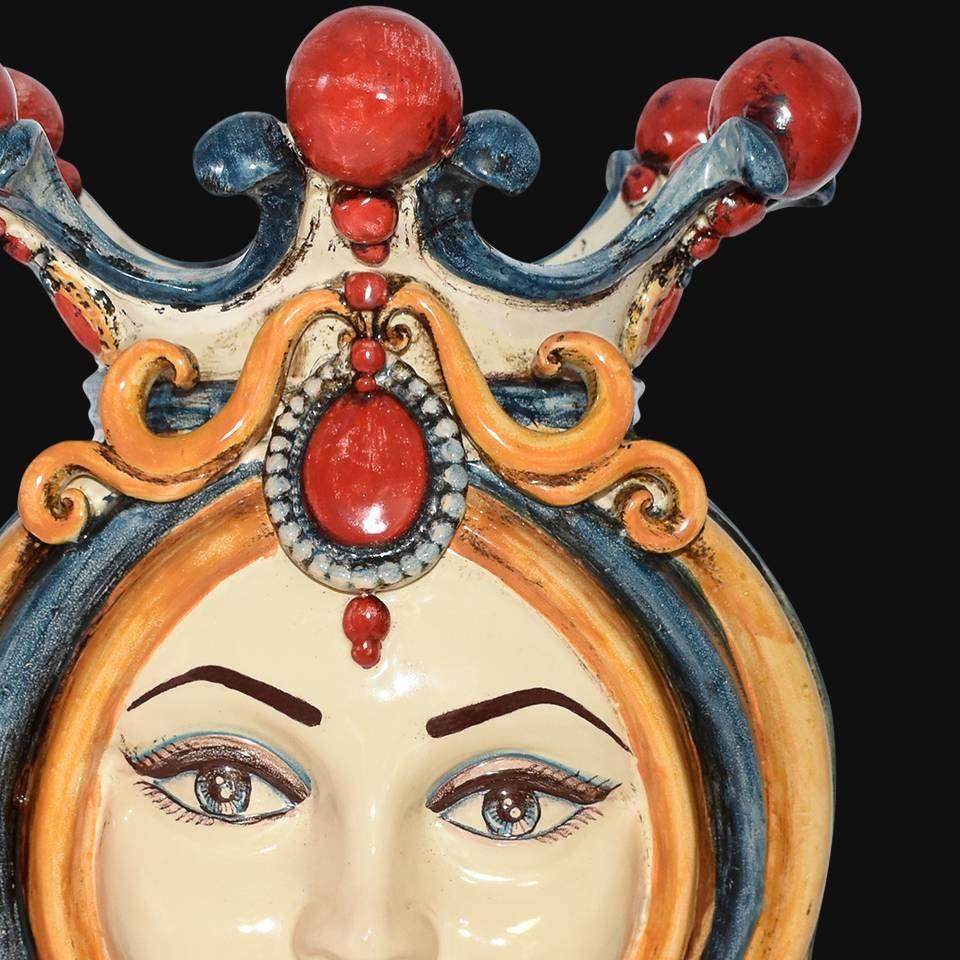 Head-shaped lamp, woman, blue and orange, crown and colourful details. Ceramiche Sofia, Caltagirone