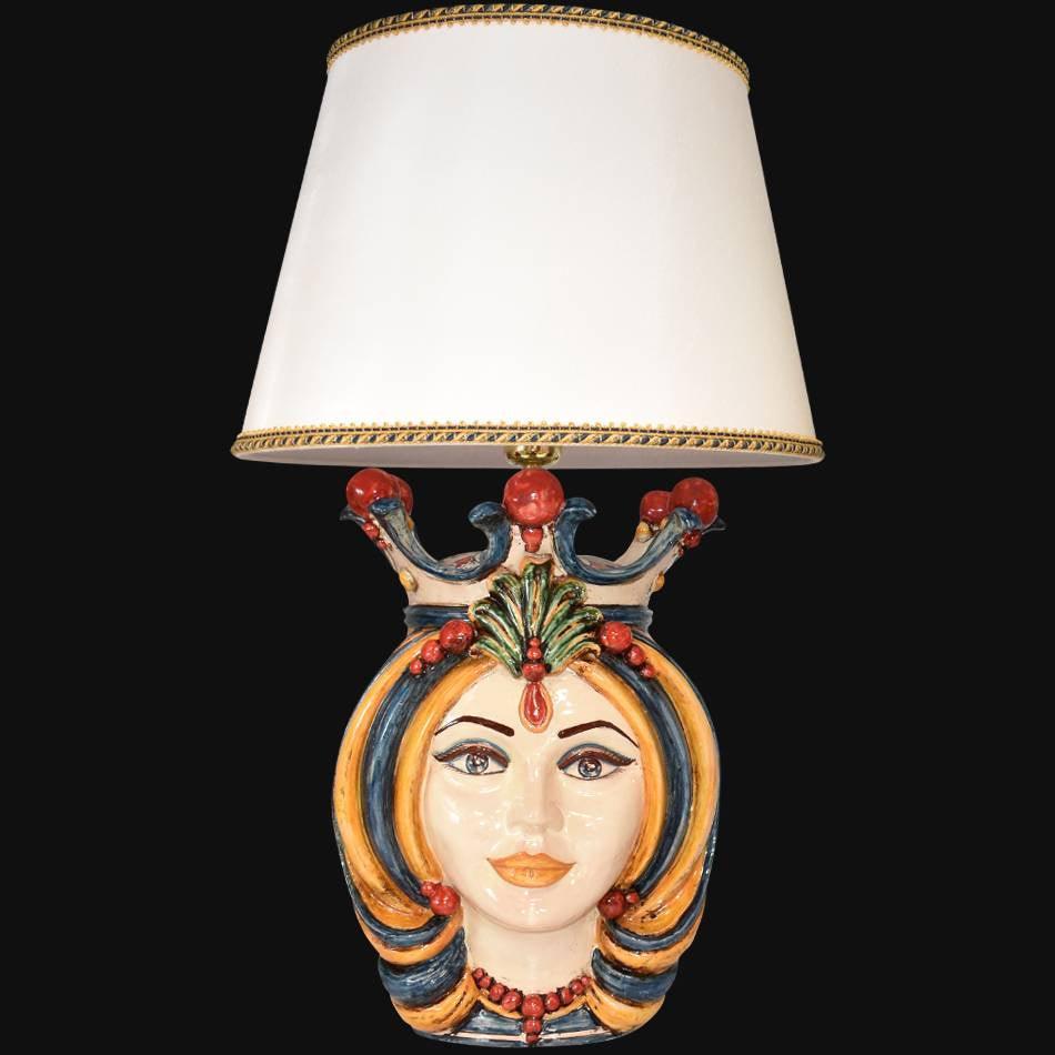 Head Lamp, Woman, Blue and Orange, white lampshade. Ceramiche Sofia, Caltagirone