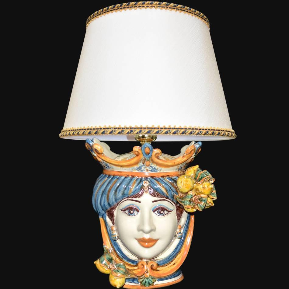 Head lamp with Lemons, Woman, blue and orange, white lampshade. Ceramiche Sofia, Caltagirone