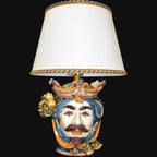 Head Lamp with Lemons, White Male, Blue and Orange, lampshade. Ceramiche Sofia, Caltagirone