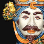 Head-shaped lamp with lemons, white male, blue and orange, vivid colours. Ceramiche Sofia, Caltagirone
