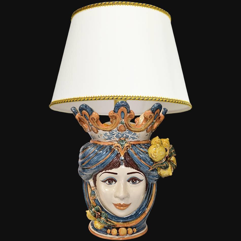 Head-shaped lamp with lemons, woman, blue and orange. Sicilian ceramics from Caltagirone, Sofia