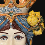 Head-shaped lamp with lemons, woman, blue and orange. Sicilian ceramics from Caltagirone, Sofia
