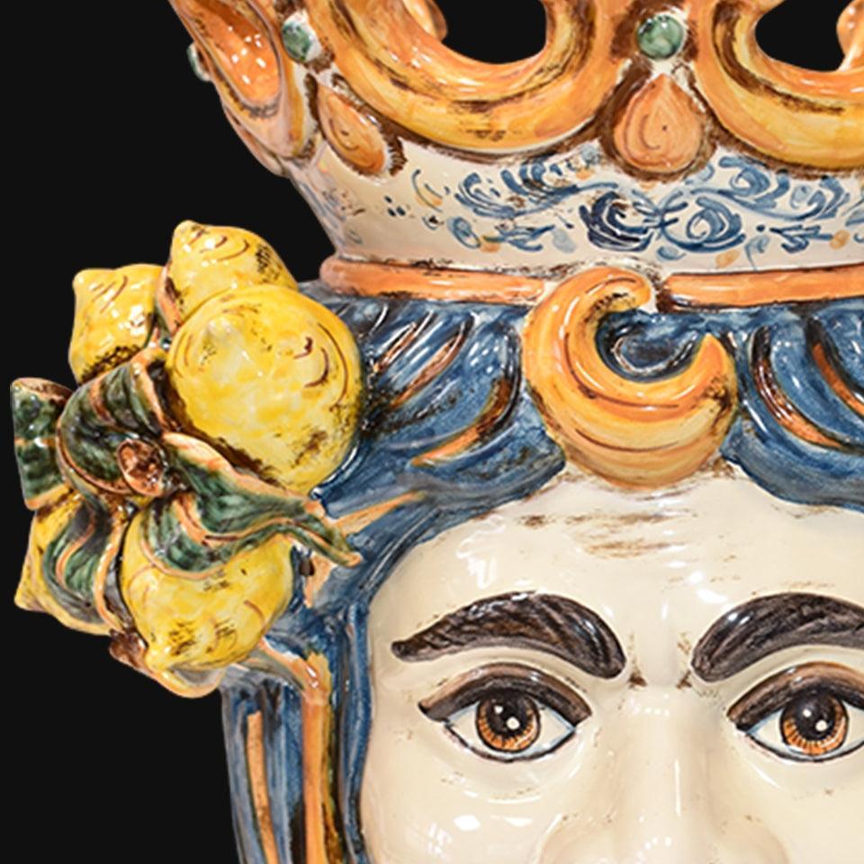Kopf-Lampe mit Zitronen, weißer Mann, Blau und Orange. Ceramiche Sofia, Caltagirone