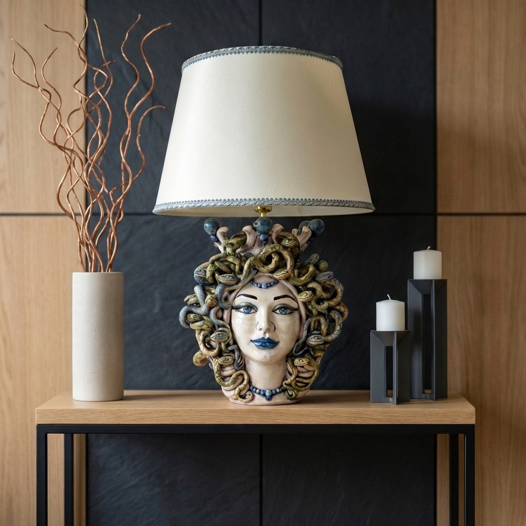 Medusa head lamp, Woman, hair of snakes, Greek myth. Ceramiche Sofia, Caltagirone