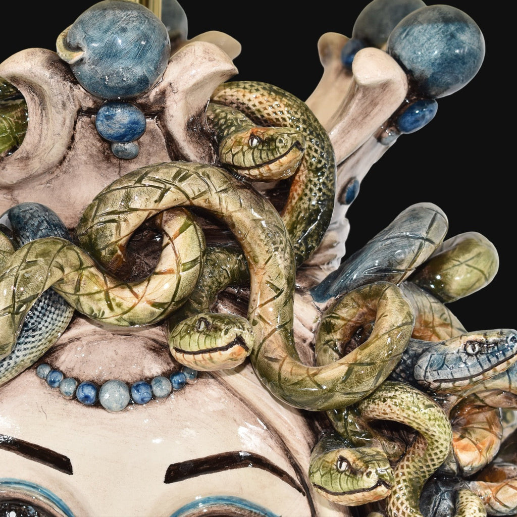 Medusa head lamp, Woman, hair of snakes, Greek myth. Ceramiche Sofia, Caltagirone