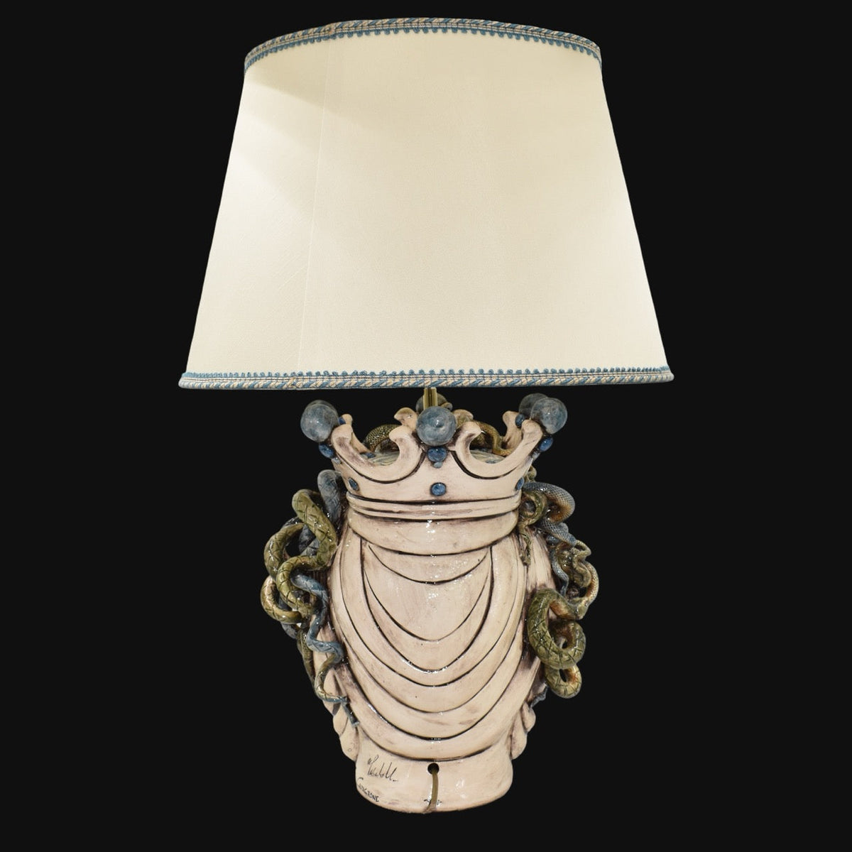 Medusa head lamp, Woman, hair of snakes, Greek myth. Ceramiche Sofia, Caltagirone