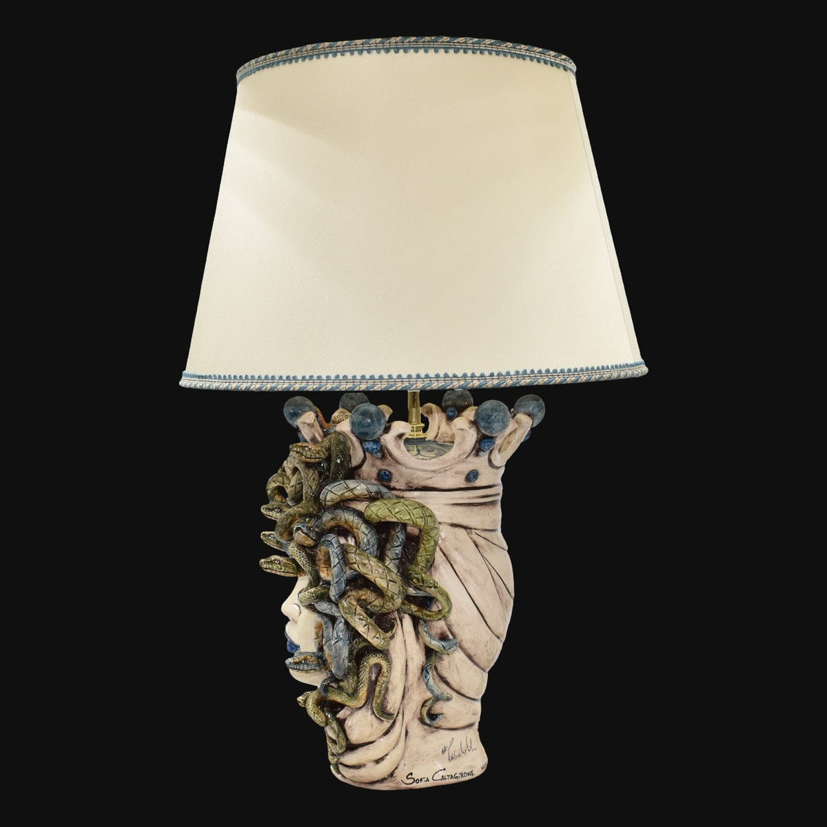 Medusa head lamp, Woman, hair of snakes, Greek myth. Ceramiche Sofia, Caltagirone