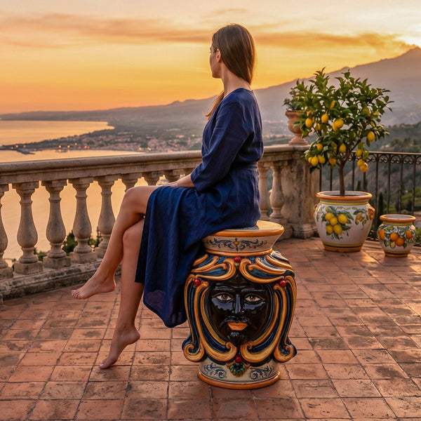 Testa di Moro Pouf with Seat h 60 cm / 23½", Moor Male, Blue and Orange