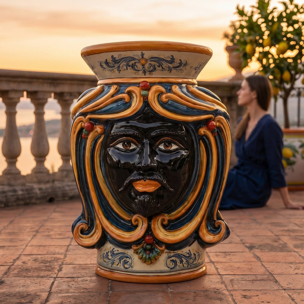 Head Pouf with seat, blue and orange decoration, Moor male. Sicilian ceramics from Caltagirone, Sofia