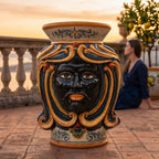 Head Pouf with seat, blue and orange decoration, Moor male. Sicilian ceramics from Caltagirone, Sofia