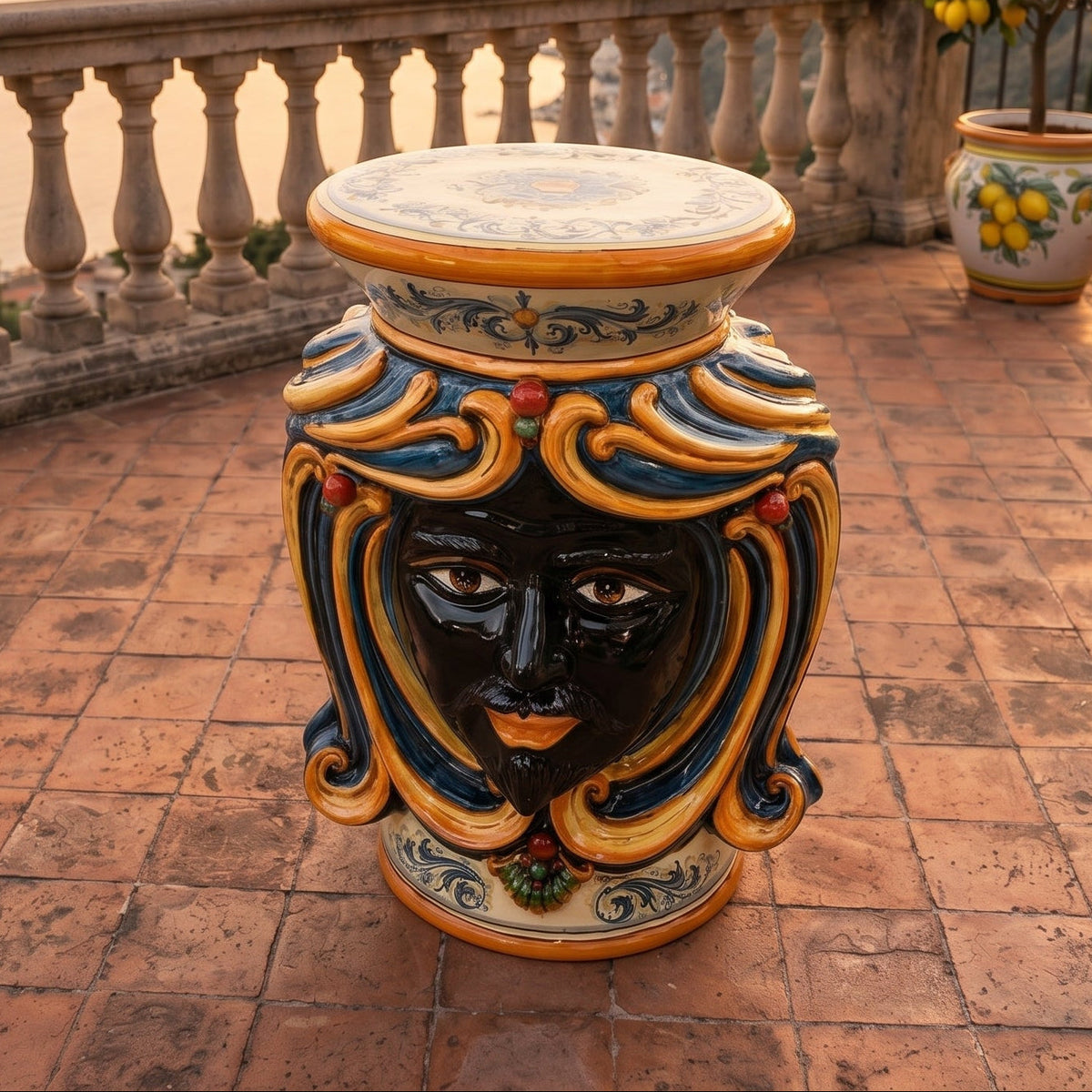 Head Pouf with seat, blue and orange decoration, Moor male. Sicilian ceramics from Caltagirone, Sofia